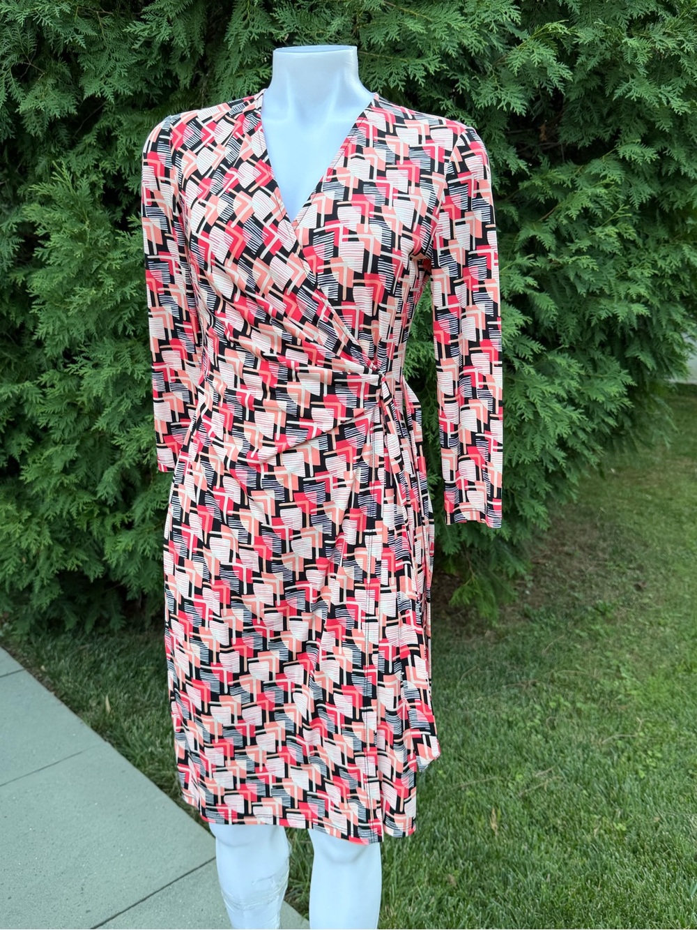 Geometric Print Wrap Dress in Pink and Black - Women's Long Sleeve